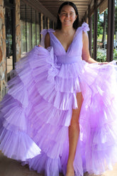 Lilac Adjustable Straps Princess Tulle Tiered Long Prom Dress with Slit