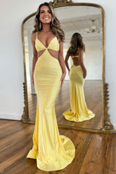 Glitter Spaghetti Straps Mermaid Cut-out Long Prom Dress with Beading