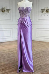 Purple Sweetheart Mermaid Ruched Satin Long Corset Prom Dress with Beading