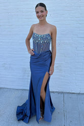 Glitter Strapless Mermaid Satin Beaded Long Corset Prom Dress with Slit