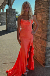 Glitter Strapless Mermaid Beaded Long Corset Prom Dress with Ruffles