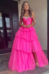 Off the Shoulder A-Line Tulle Tiered Long Corset Prom Dress with Slit