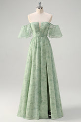 Sage Off the Shoulder A-Line Chiffon Ruched Long Prom Dress with Slit