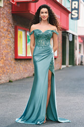 Mermaid Satin Off the Shoulder Long Corset Prom Dress with Appliques