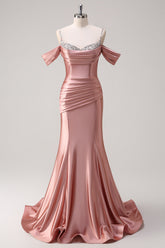 Blush Spaghetti Straps Ruched Mermaid Satin Long Prom Dress with Sequins
