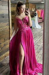 Sparkly Spaghetti Straps A-Line Pleated Long Corset Prom Dress with Appliques
