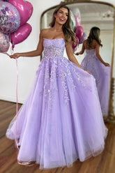 Lilac Strapless A-Line Tulle Long Corset Prom Dress with Appliques