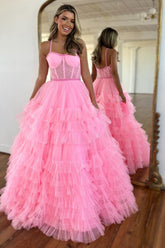 Spaghetti Straps Princess Tulle Tiered Long Corset Prom Dress