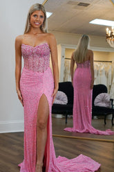 Sparkly Strapless Sequins Mermaid Long Corset Prom Dress with Slit