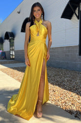 Halter Neck Satin Ruched Mermaid Long Prom Dress with Slit
