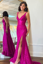 Spaghetti Straps Mermaid Lace Long Corset Prom Dress with Slit