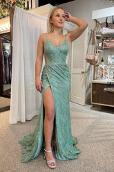 Spaghetti Straps Mermaid Open Back Long Prom Dress with Appliques
