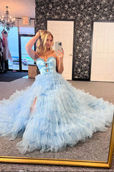 Light Sweetheart A-Line Tulle Tiered Long Prom Dress with Bows