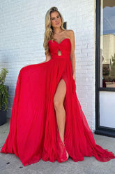 Trendy Sweetheart A-Line Chiffon Pleated Long Prom Dress with Slit