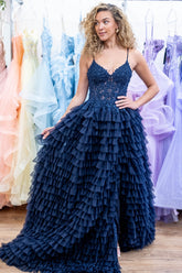 Spaghetti Straps Tulle A-Line Tiered Long Corset Prom Dress with Appliques