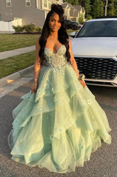 Sage Spaghetti Straps A-Line Tulle Tiered Long Corset Prom Dress with Appliques