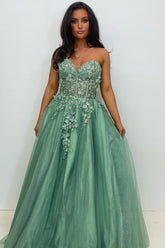 Sage Sweetheart Tulle Tiered A-Line Long Corset Prom Dress with Appliques
