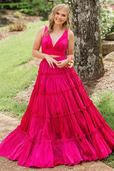 V-neck A-Line Satin Tiered Two Pieces Long Prom Dress