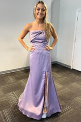 Elegant Satin Mermaid Strapless Long Prom Dress with Slit