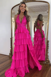 Halter Neck A-Line Beaded Tiered Long Corset Prom Dress with Slit
