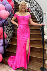 Satin Mermaid Cold Shoulder Long Prom Dress with Beading