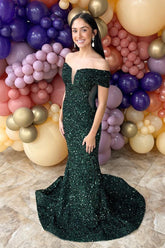 Sparkly Dark Green Off The Shoulder Sequin Mermaid Long Prom Dress