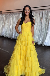 Sweetheart Chiffon Tiered A-Line Long Prom Dress
