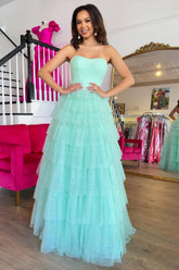 Sweetheart Tulle Tiered A-Line Long Prom Dress with Slit
