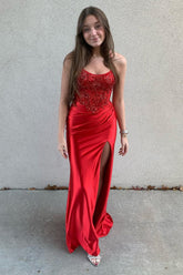 Spaghetti Straps Satin Mermaid Long Corset Prom Dress with Beading