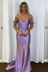 Off the Shoulder Satin Mermaid Long Corset Prom Dress