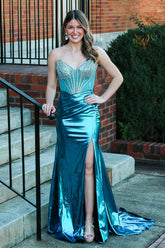 Metallic Sweetheart Mermaid Beaded Long Corset Prom Dress with Slit