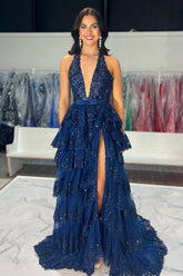 Navy Halter Neck Applique Tulle Tiered A-Line Long Prom Dress with Sequins