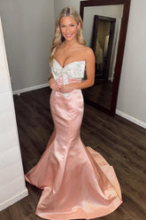 Blush Sweetheart Satin Mermaid Long Prom Dress with Bow