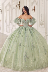 Dusty Sage Ball Gown Sweetheart Long Sleeves Applique Quinceanera Dress