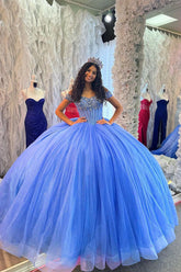 Sparkly Blue Off the Shoulder Ball Gown Tulle Quinceanera Dress with Beading