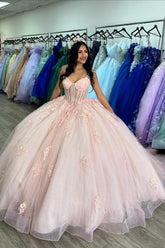 Pink Spaghetti Straps Princess Tulle Applique Quinceanera Dress with Bow