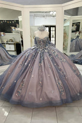 Sparkly Grey Blue Off the Shoulder Ball Gown Appliqued Quinceanera Dress with Train