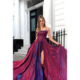 Robe de soirée longue fendue à paillettes, coupe trapèze, sans manches