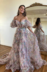 Gorgeous A Line Off the Shoulder Pink Floral Printed Corset Prom Dress with Sweep Train