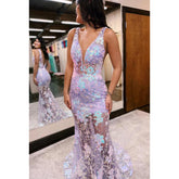 Vestido de fiesta de graduación con apliques y tirantes con escote en V glamuroso y dramático