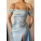 Vestido de noche largo de satén fruncido con lentejuelas y escote en forma de A, sin mangas y escote en forma de corazón