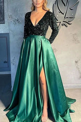 Magnifique robe de bal en satin à sequins, manches longues et col en V