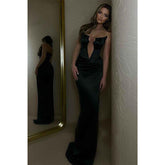 Vestido de fiesta largo de sirena con escote en V profundo y cuentas sexy con abertura