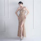 Velvet Bottom Sequin One Shoulder Fishtail Evening Dress