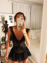 Robe de soirée noire en dentelle, col V, coupe trapèze, sans manches, référence Y418