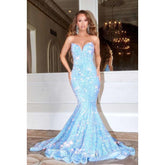 Vestido de fiesta largo de sirena con lentejuelas, sin tirantes y cuello en V