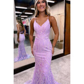 Vestido de fiesta de noche con lentejuelas, escote en V y tirantes cruzados en morado brillante
