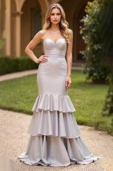 Satin Silver Sweetheart Tiered Long Prom Dress