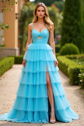 A Line Blue Spaghetti Straps Tiered Long Prom Dress with Slit