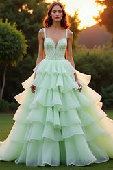 Ball Gown Green Tiered Long Prom Dress with Ruffles